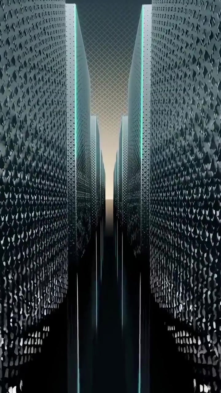 Moving Through a Futuristic Server Room with Glowing Racks
