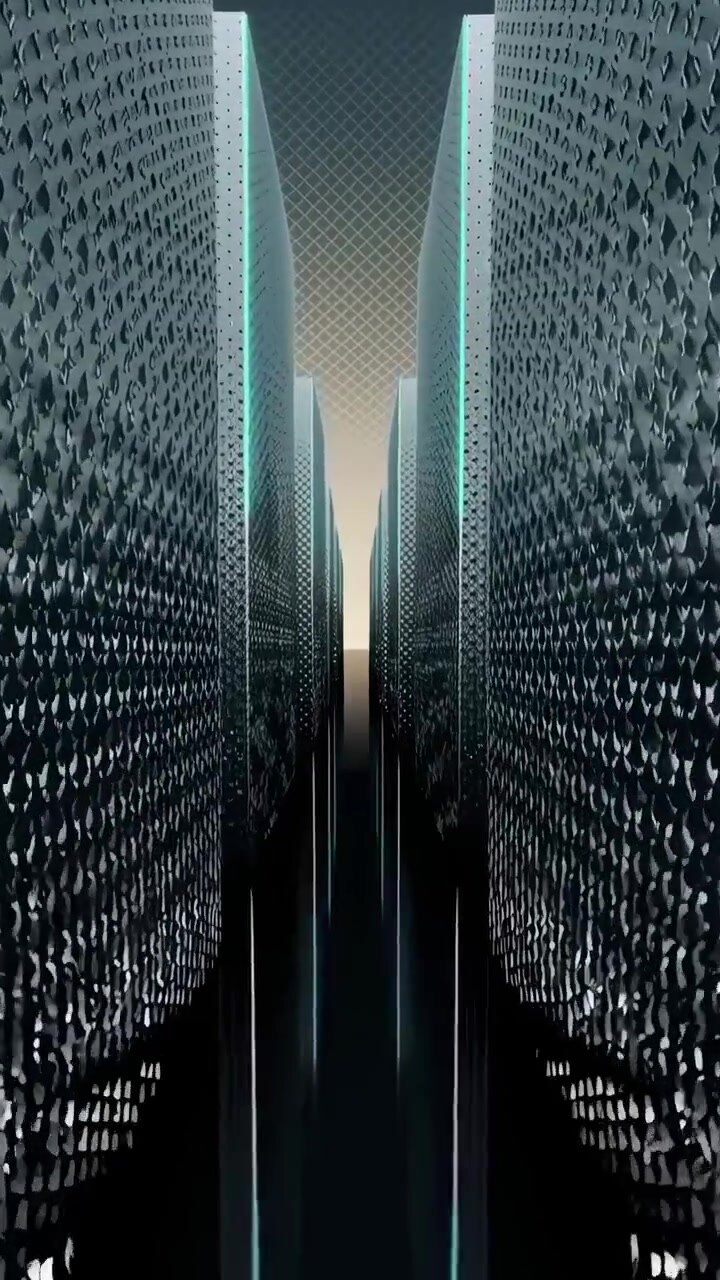 Moving Through a Futuristic Server Room with Glowing Racks