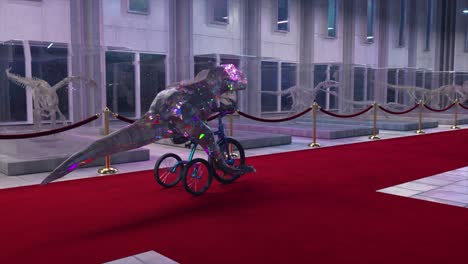 dinosaurio de cristal en un triciclo en un museo