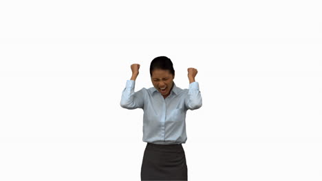 happy businesswoman gesturing on white screen