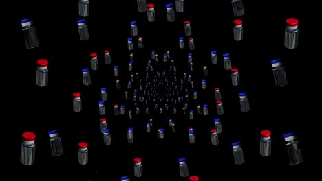 botellas de vacunas azules y rojas están volando en un túnel sobre un fondo negro.