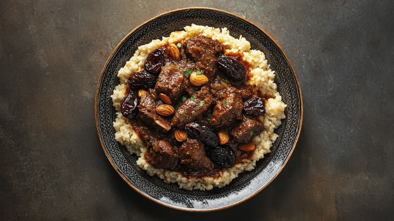 delicioso tagine de cordero con ciruelas y almendras en el plato