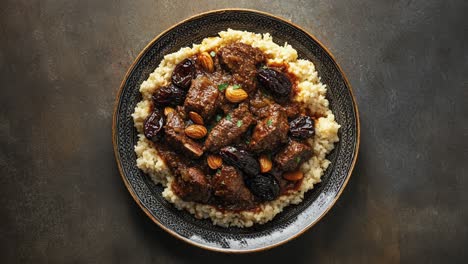 delicious lamb tagine with prunes and almonds on plate