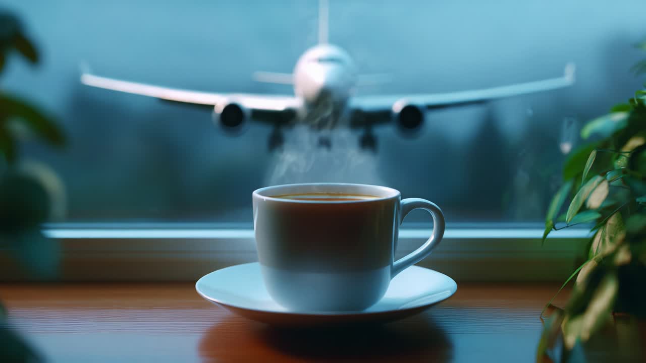 A Serene Moment of Sipping Coffee with Airplanes Flying in the Background: Enjoying the Perfect Blend of Relaxation and Adventure While Embracing the Atmosphere of Travel and Excitement