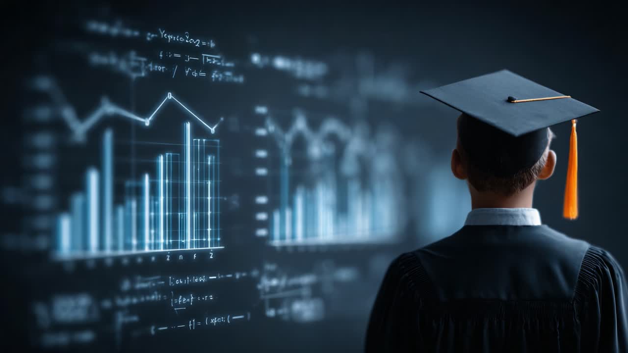 A graduate wearing a black cap stands in front of a digital board displaying various data visualizations, symbolizing achievement and future opportunities in the digital age