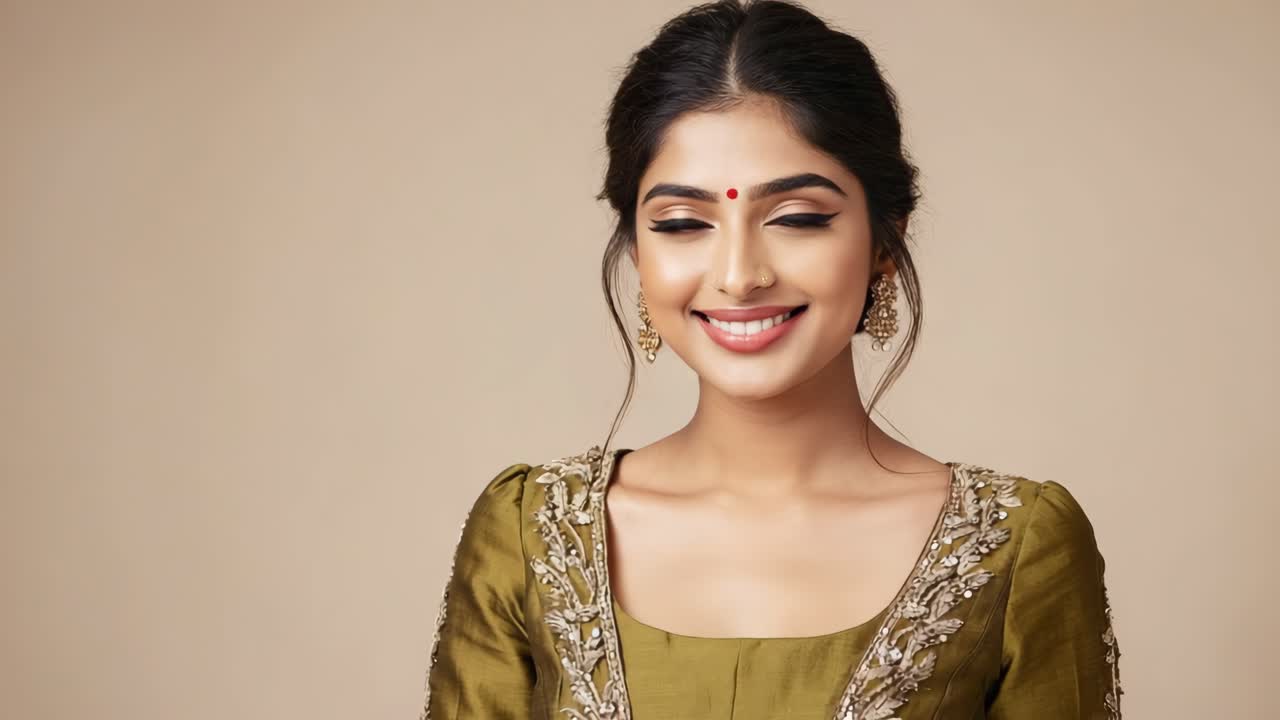 Young woman wearing ornate traditional attire displaying range of emotions from genuine happiness to profound serenity. Standing gracefully against light brown studio backdrop with confident elegance