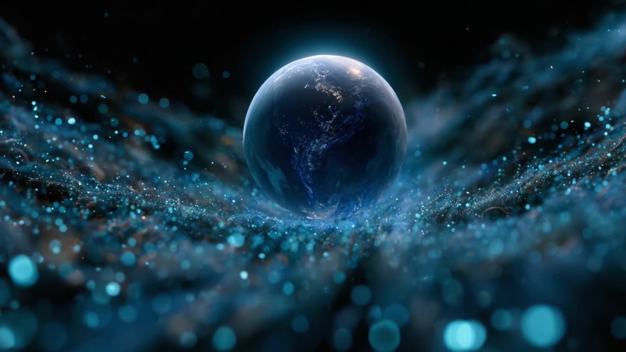 Stunning Visual of Earth Surrounded by Cosmic Energy and Glowing Particles, Capturing the Beauty and Mystery of Our Planet in a Galactic Setting