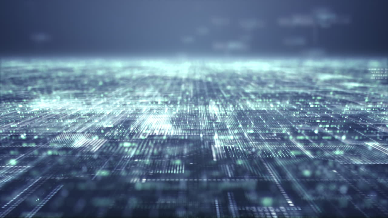 Futuristic digitally generated motion abstract particles matrix cyber environment of big data analytic artificial intelligent simulation, loop video for digital background