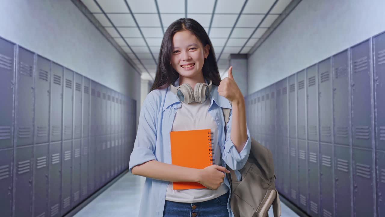 estudiante sonriente en el pasillo de la escuela