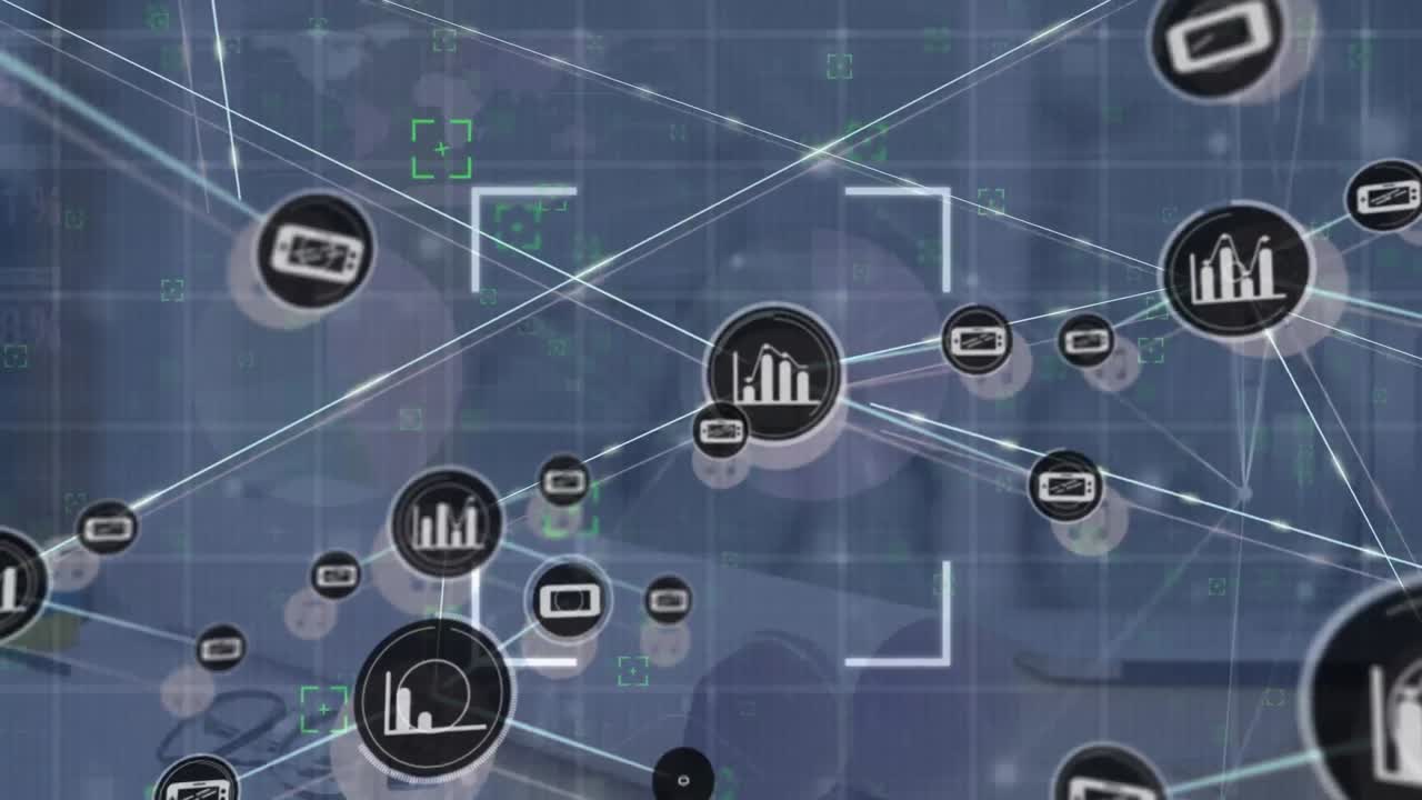 animación de iconos y puntos conectados, visores, interfaz infográfica en fondo abstracto.
