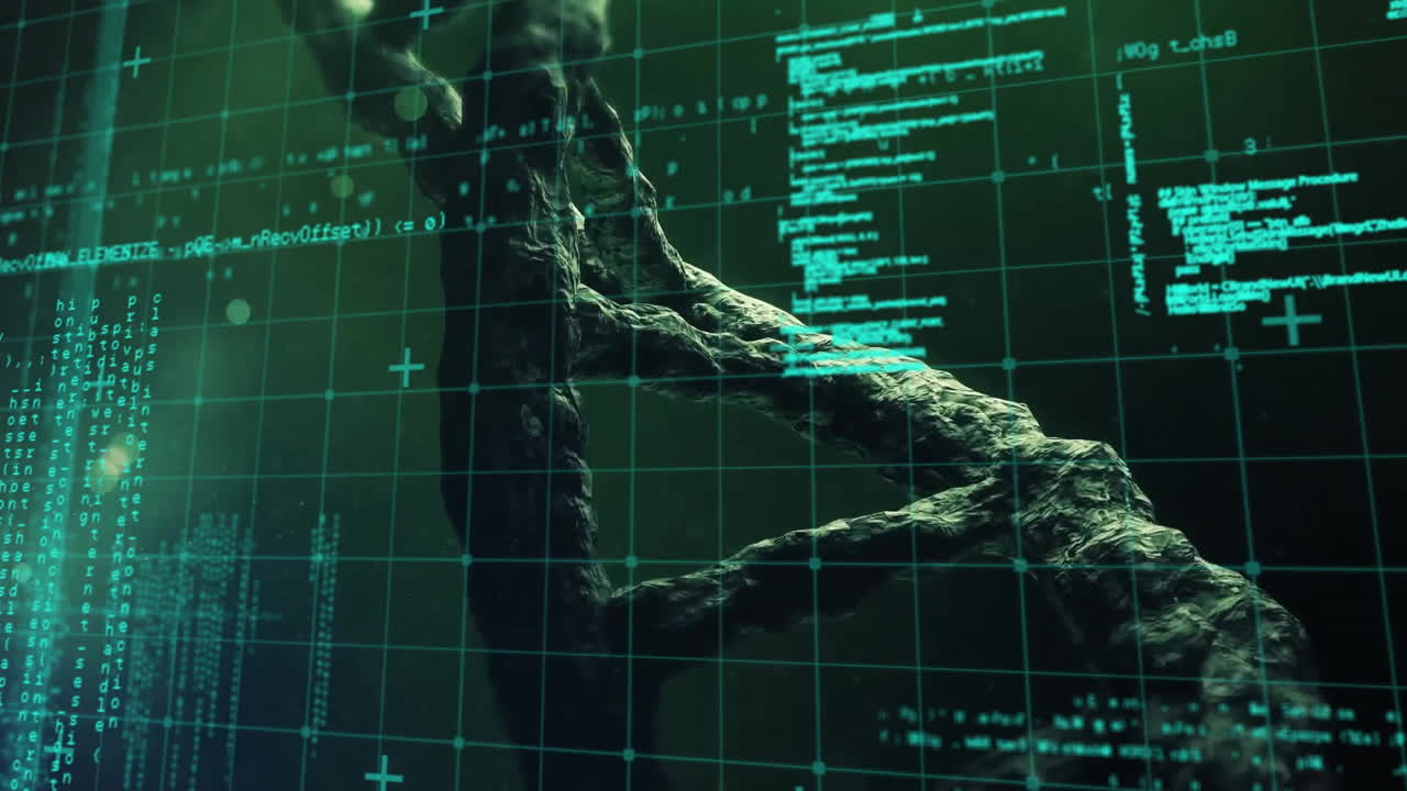 Animation of dna strand over data processing on black background