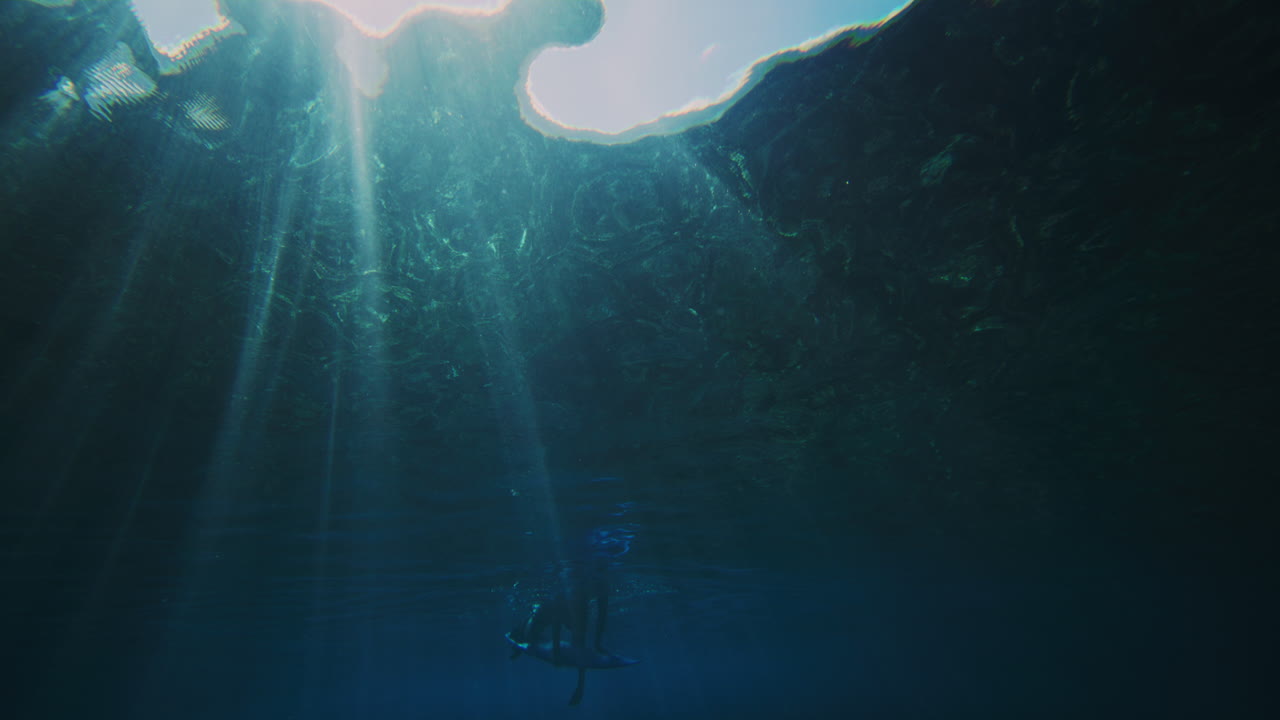 빛의 광선이 바다 표면을 통해 반이는 서퍼가 바다 파동의 뒷면에 발과 계단과 함께 쇼트 보드의 리를 아래로 들고 있습니다.