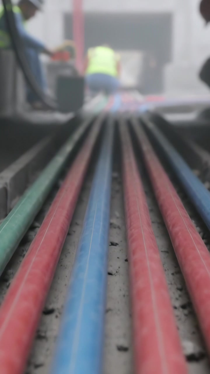 Vertical video: Noticing slack conduits, crew aligning them in channel in vests using case