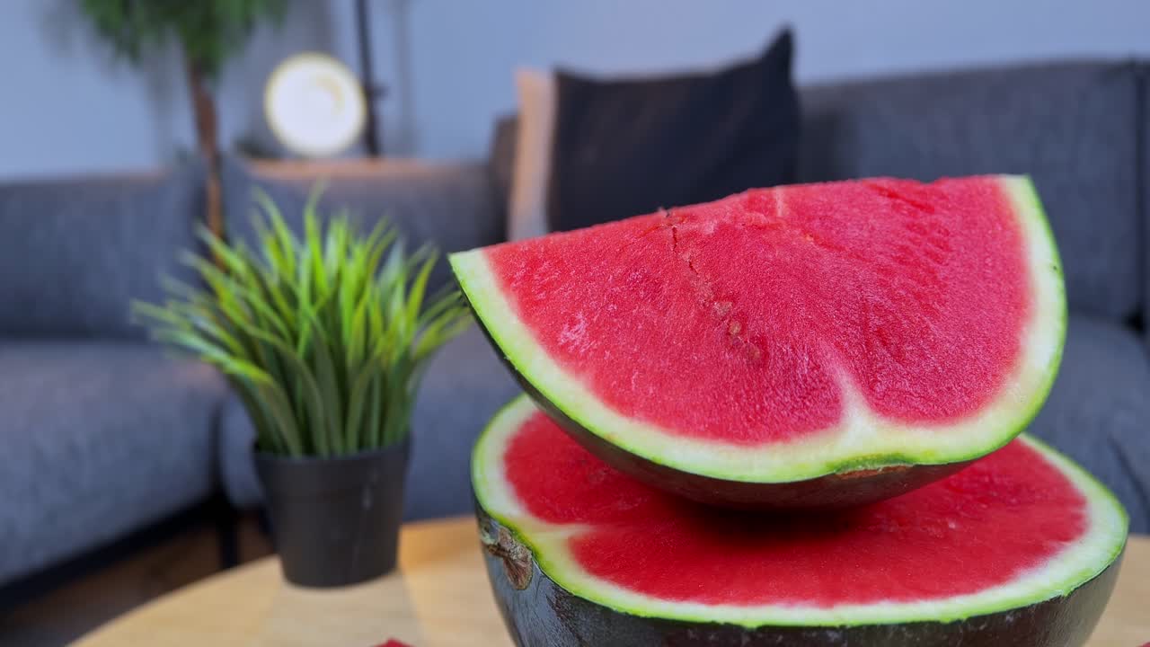 Creative shot of stacked watermelon halves on a table with lifestyle background, perfect for food, summer refreshment, health, nutrition, and advertising projects