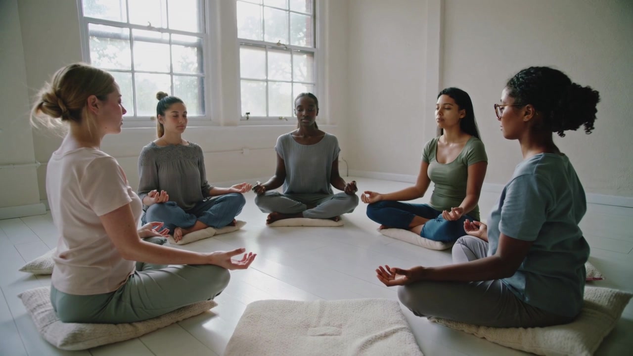 Fem kvinder sidder i mudra på puder i et rum med sprossede vinduer, mens en leder guider meditationen.