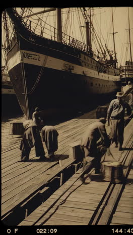 ships and workers at a port in the early 1900s