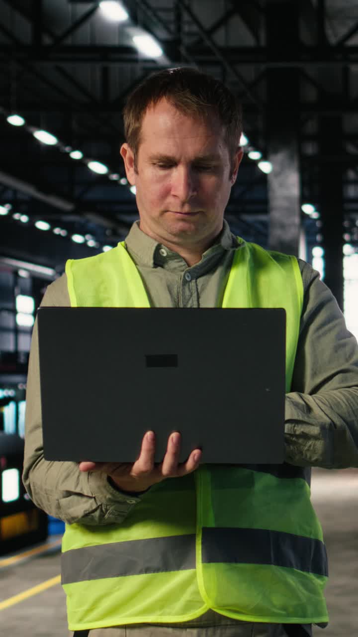 Vertical Video Portrait of technician handling metal tools on laptop from the factory floor