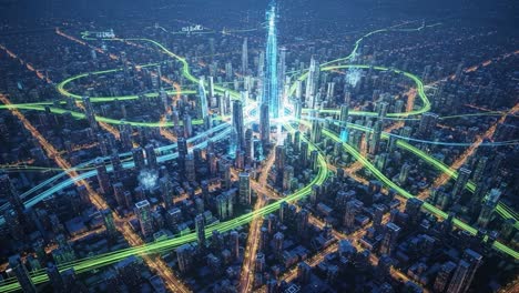 aerial view of a futuristic cityscape featuring an imposing skyscraper surrounded by complex network of roads and illuminated streets at night