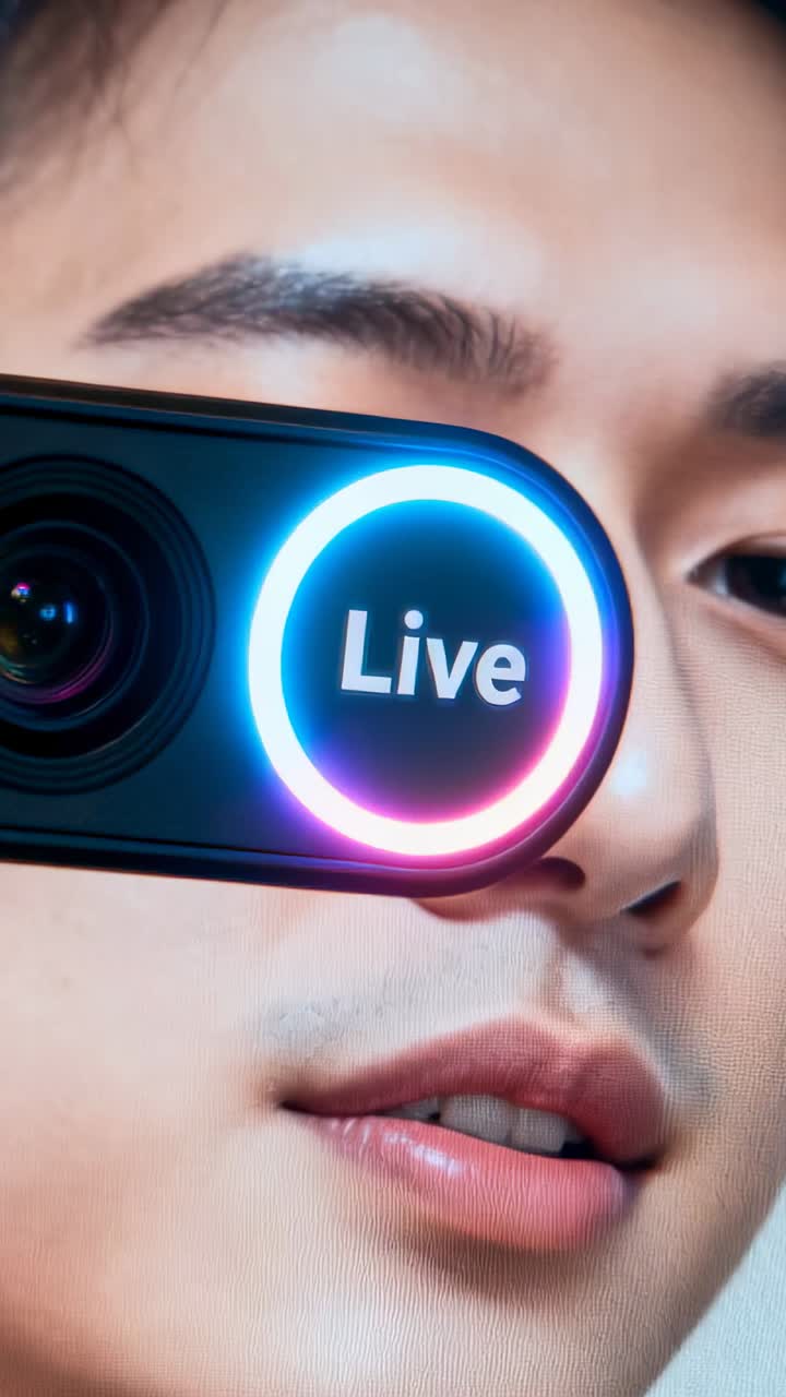 Vertikal video: Reagerer på Live LED, mandlig streamer danner ord med munden i hjemmestudie, med webcam.