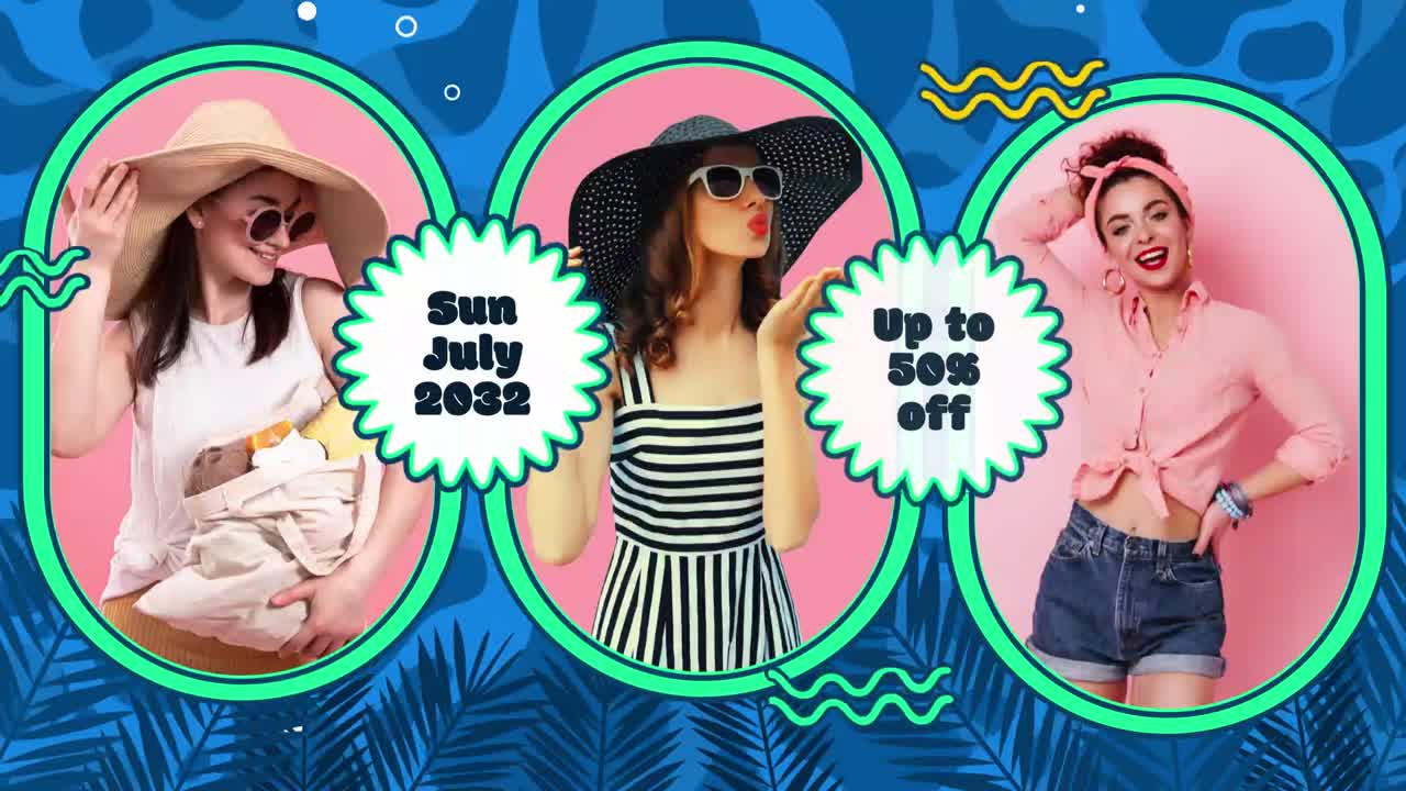 夏のファッションセールをプロモーションするおしゃれな3人の女性