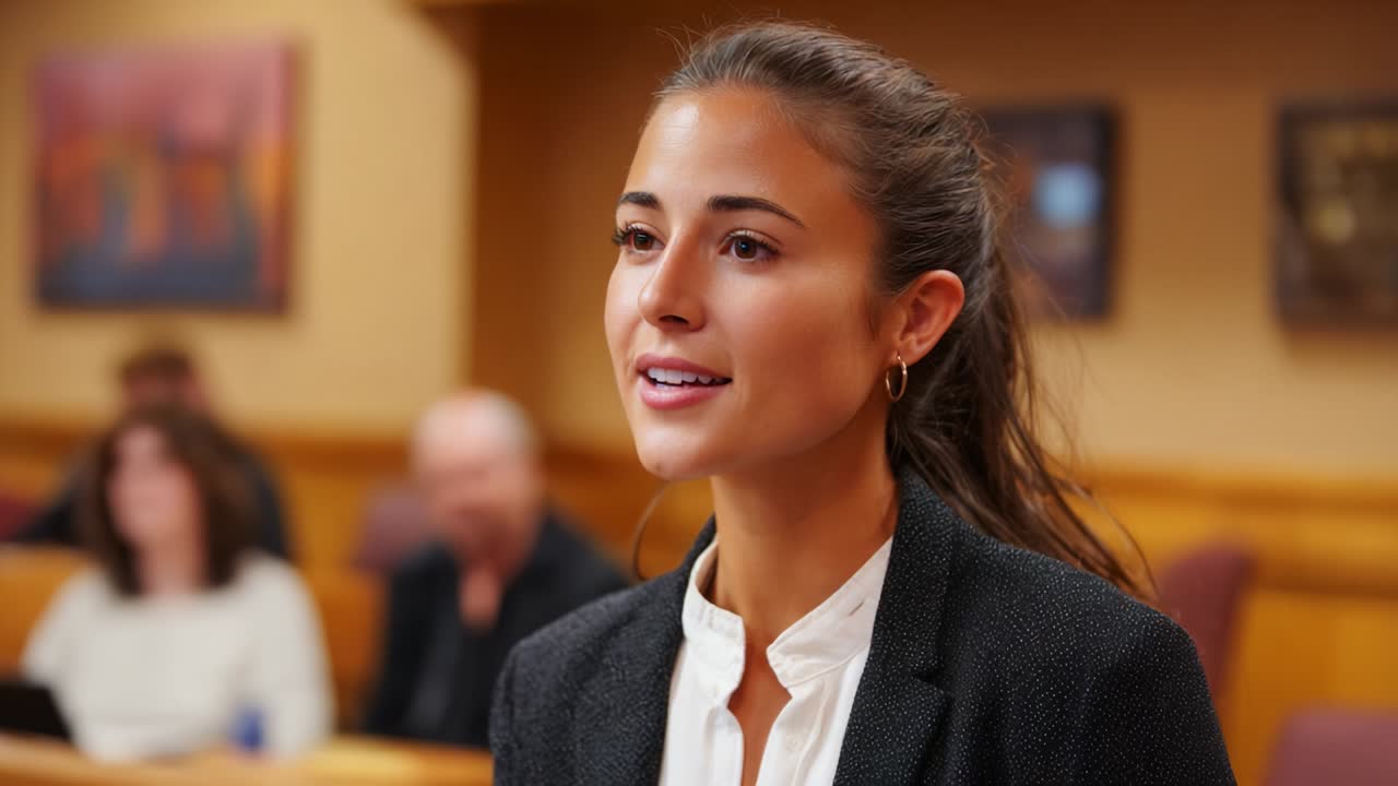 A Confident Young Woman Engaging in a Courtroom Setting, Showcasing Determination and Professionalism With a Smile, as She Addresses the Courtroom Audience in an Inspiring Moment of Empowerment
