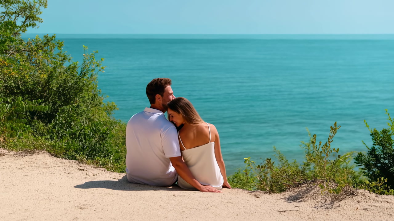 Caucasian Couple Sitting On Cliff Overlooking Turquoise Ocean Honeymooners Sharing Quiet Embrace, Summer