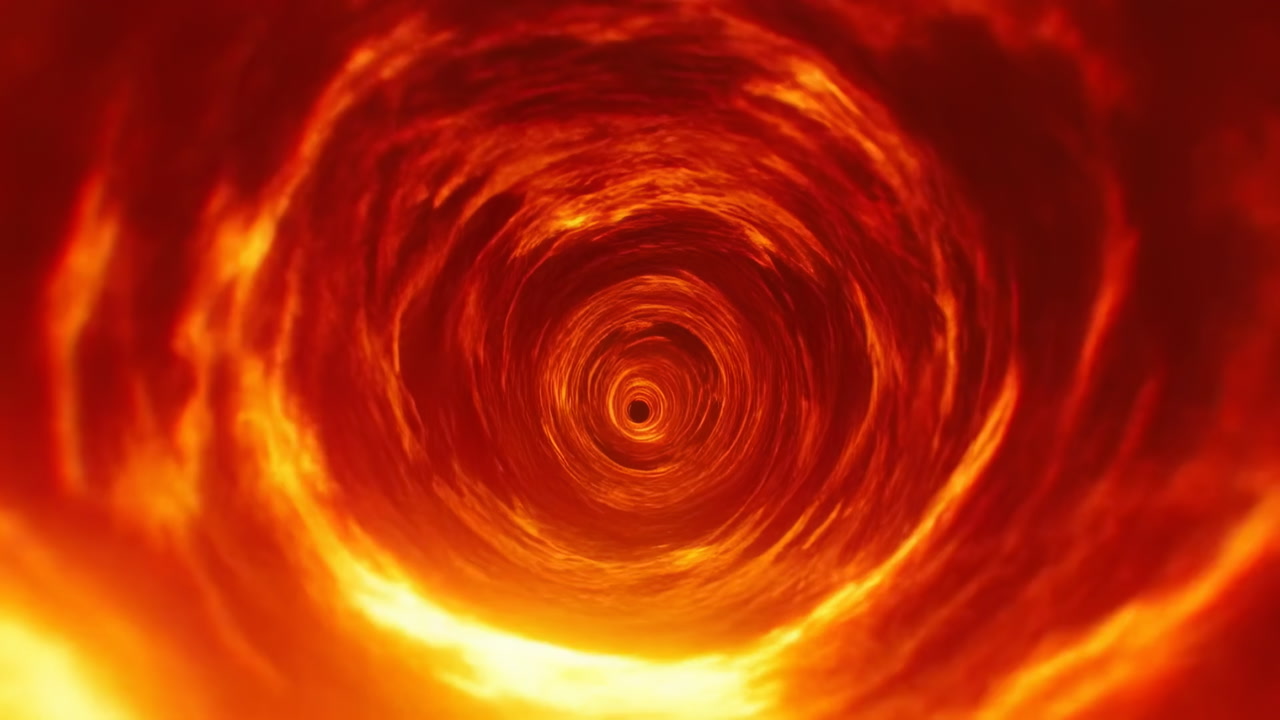 Fiery Vortex Tunnel Swirling Molten Energy, Cinematic K Motion Of Glowing Magma Rings And Ember Streaks,
