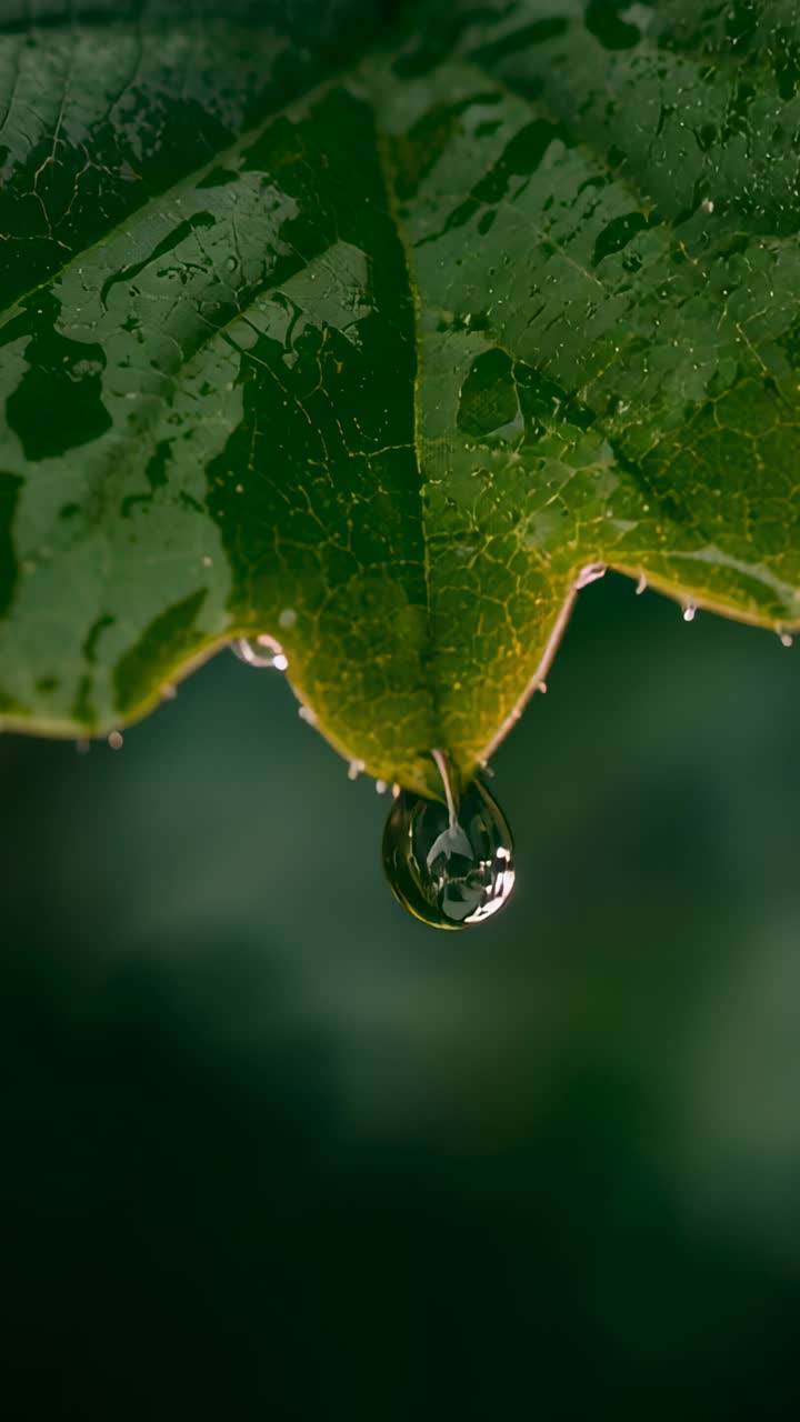 Vertical video: Droplet growing on green leaf tip elongating neck, detaching and falling in garden