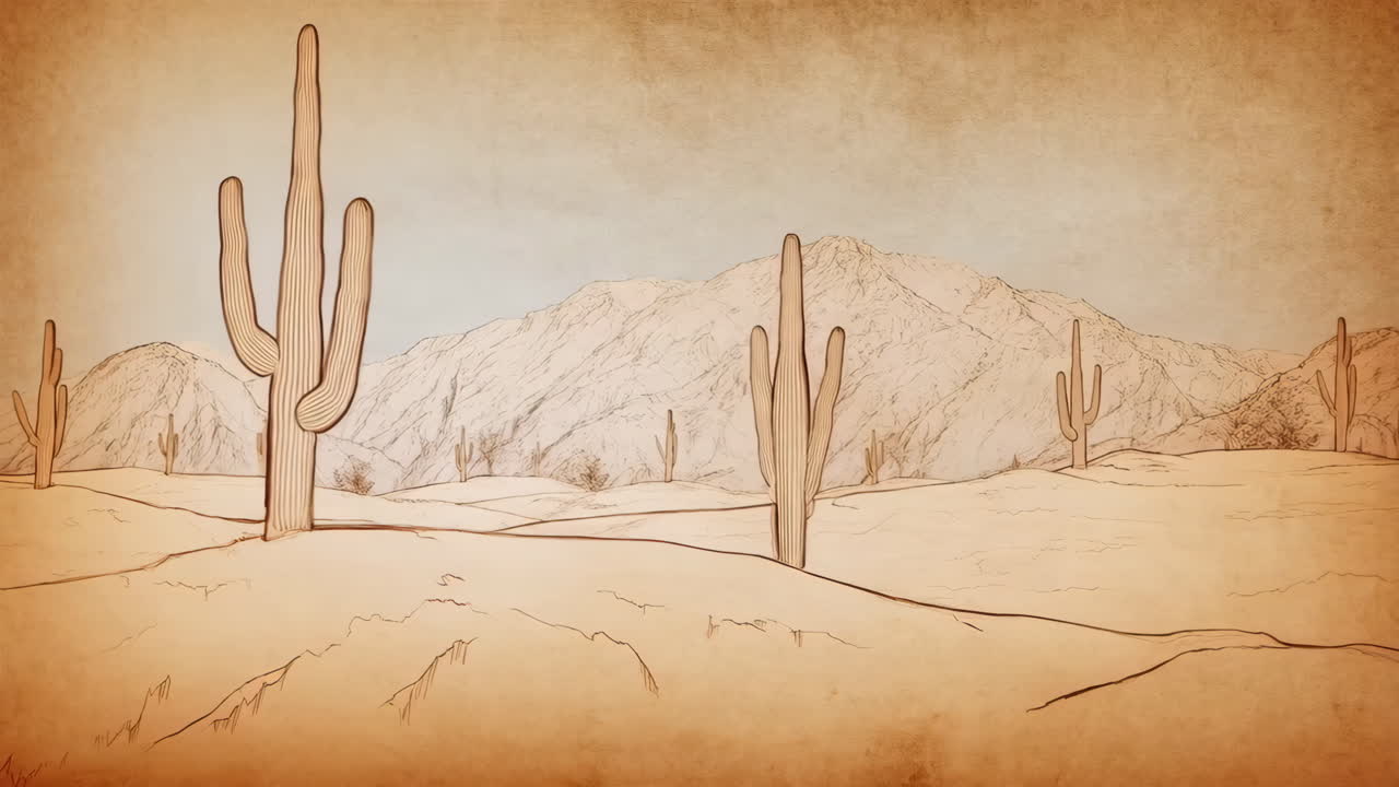 Sketch of a Desert Landscape with Saguaro Cacti and Mountains