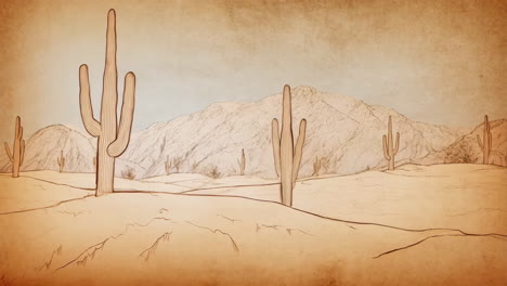 sketch of a desert landscape with saguaro cacti and mountains
