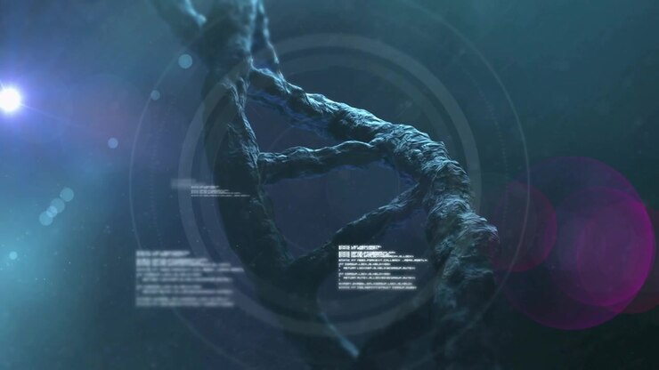 3D DNA helix rotating, moving, bright light causing zoom, rings fading, showing genetics for tech