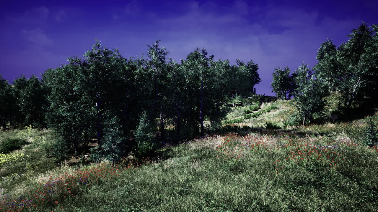 푸른 하늘 아래 나무 와 다채로운 꽃 이 있는 활기찬 풍경