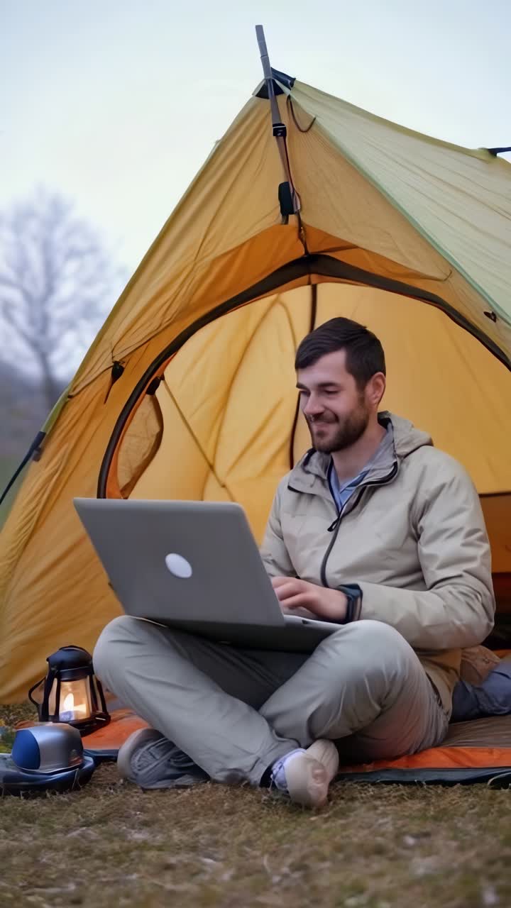 Man working on a laptop inside a tent