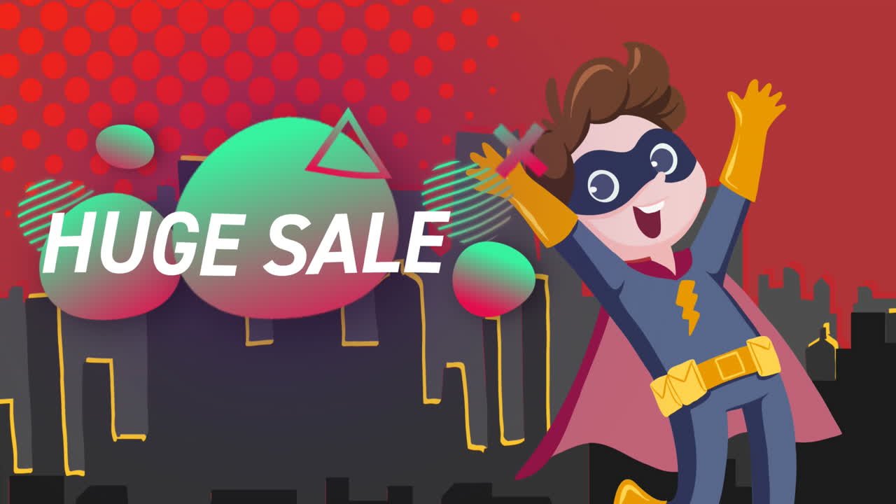 animación de enorme texto de venta en blanco sobre verde a formas rojas en retro superhéroe