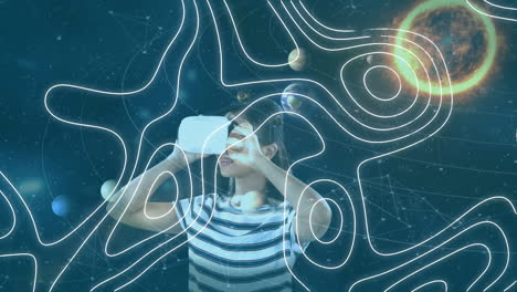 animation of network of connections and solar system over woman wearing vr headset