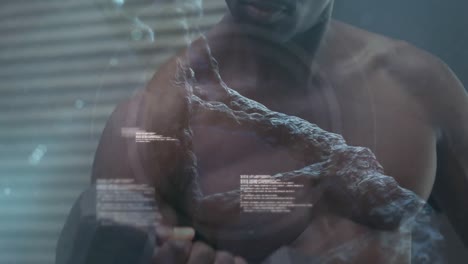 animación de una cadena de adn sobre un hombre musculoso haciendo ejercicio