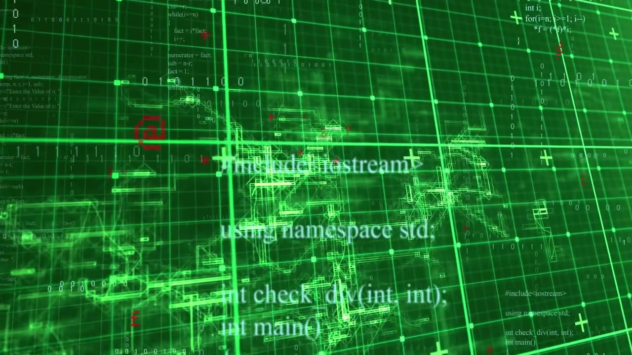 Camera tilting, neon grid and wireframes shifting, red dots pulsing, binary flowing, scanning plane