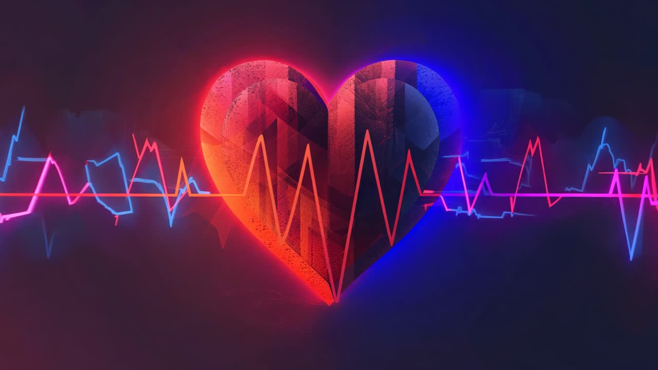 A heart with a red line going through it. The heart is surrounded by a red and blue line