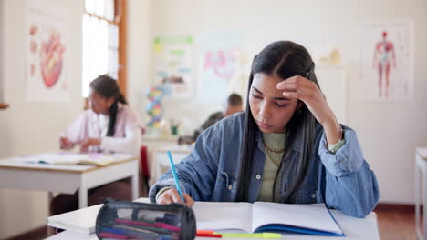 thinking, student and girl writing