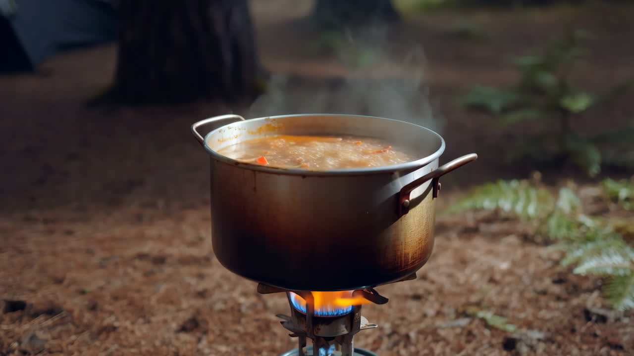 Outdoor Cooking: Preparing a Meal on a Portable Stove in the Wilderness