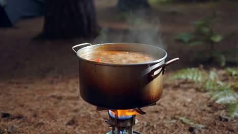 outdoor cooking: preparing a meal on a portable stove in the wilderness