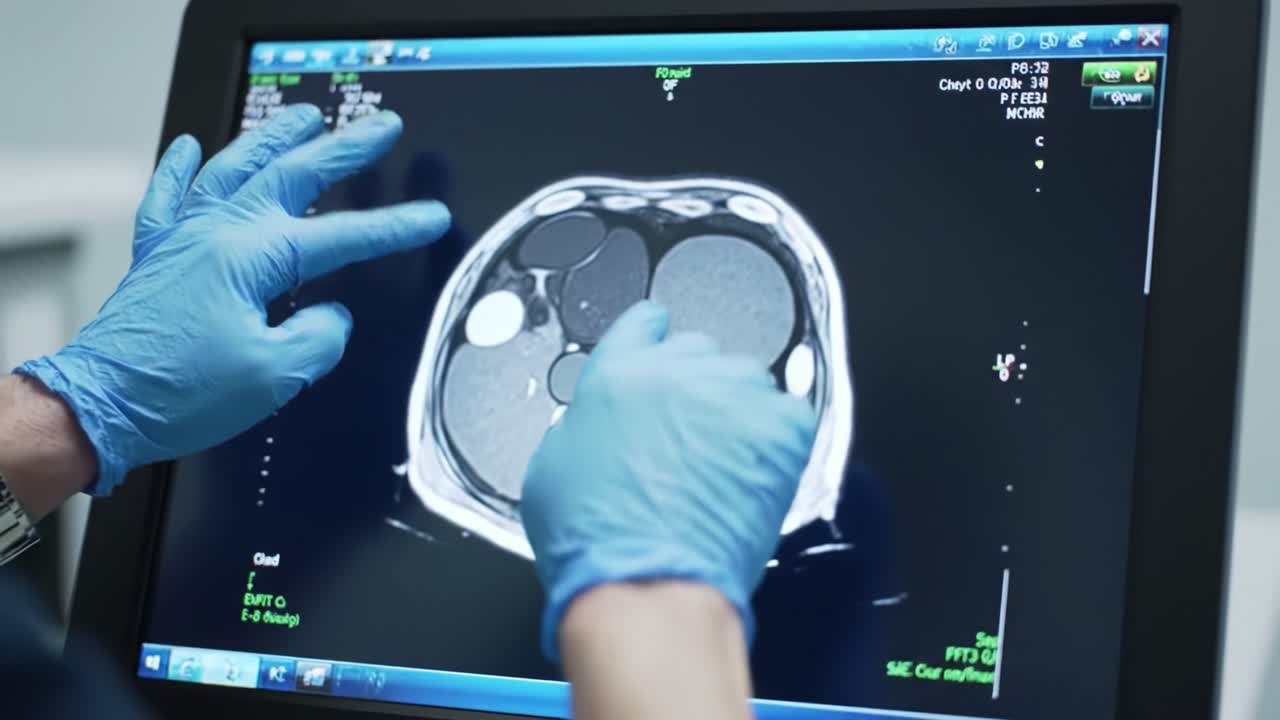 A healthcare professional in blue gloves observes and analyzes detailed medical imaging showing the internal organs of a patient. The setting is a clinical environment with advanced technology.