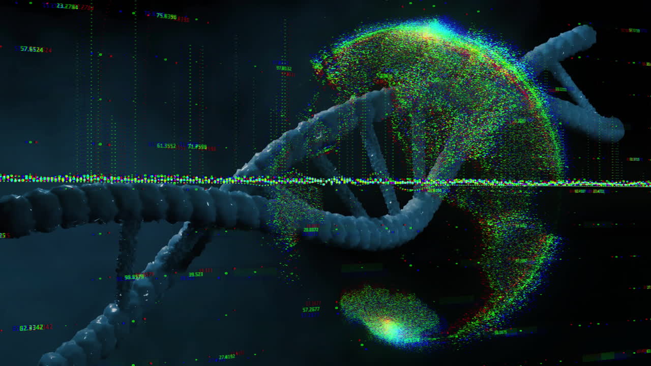 DNA strand with binary coding, processing scientific data in animation style