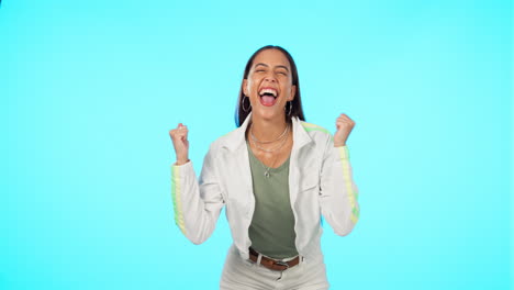 happy, dance and face of woman in studio with good