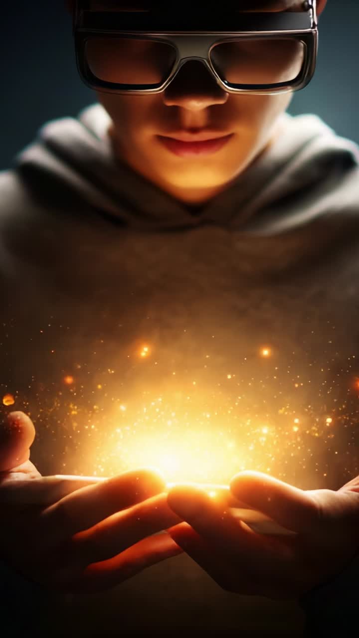 A young individual with glasses showcases a mesmerizing glowing orb in their hands, embodying the essence of curiosity and wonder in a captivating moment