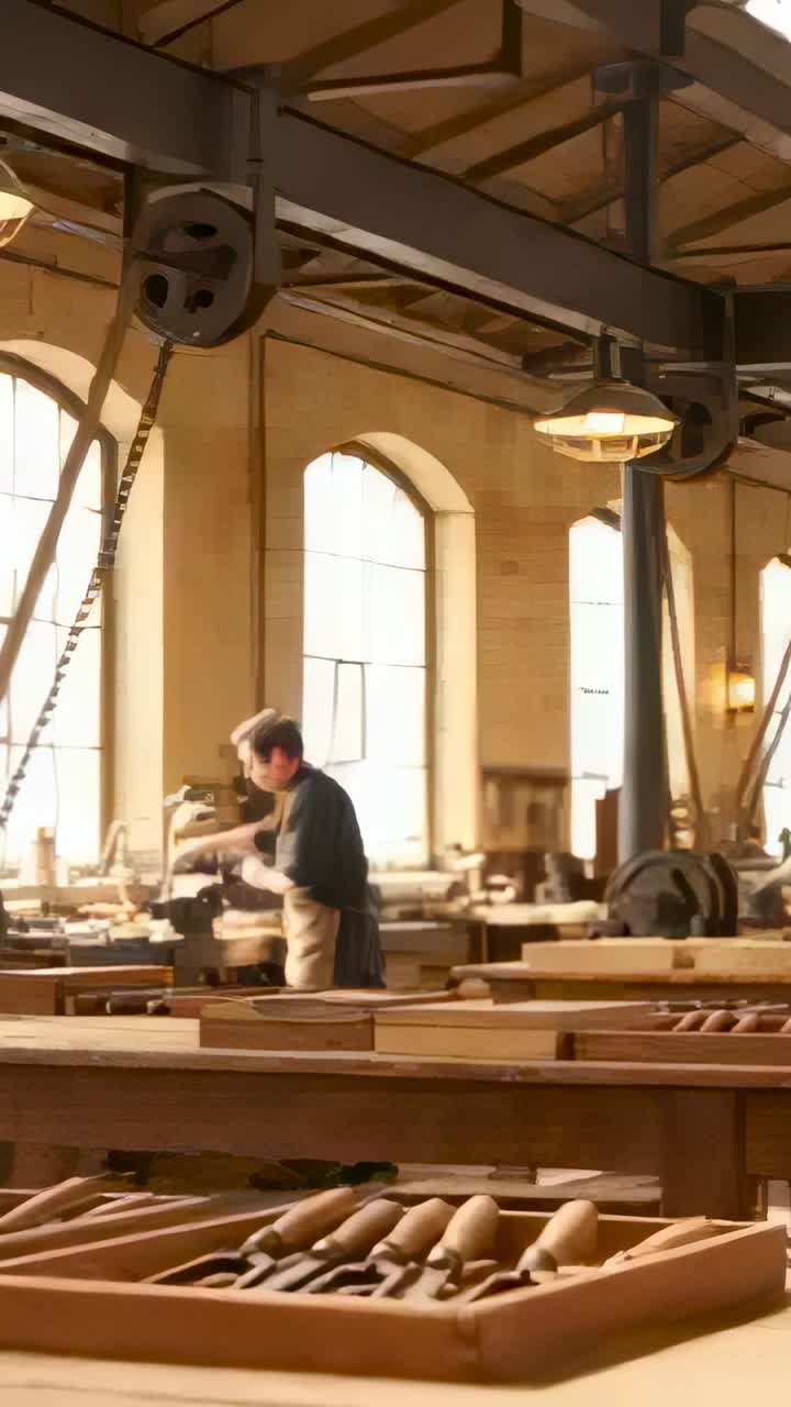 Vertical video: Picking chisel man in apron leaning over bench shaping board in shop with tool tray