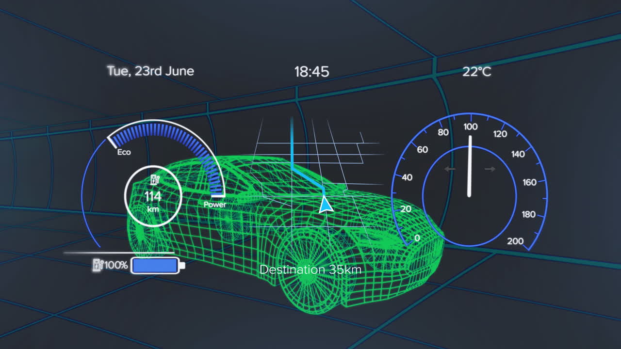 Animation of speedometer, gps and charge status data on vehicle interface, over 3d car model