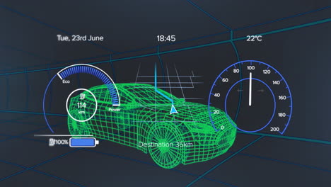 animación del velocímetro, el gps y los datos del estado de carga en la interfaz del vehículo, en un modelo de coche 3d