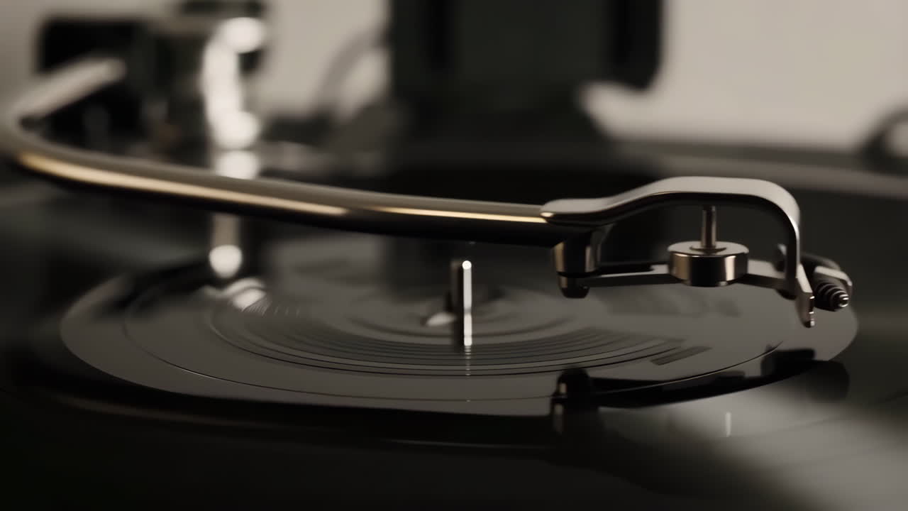Close-up of a Vinyl Record Spinning on a Turntable