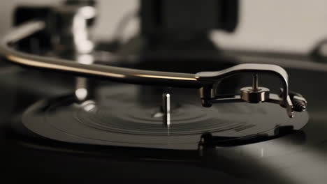 close-up of a vinyl record spinning on a turntable
